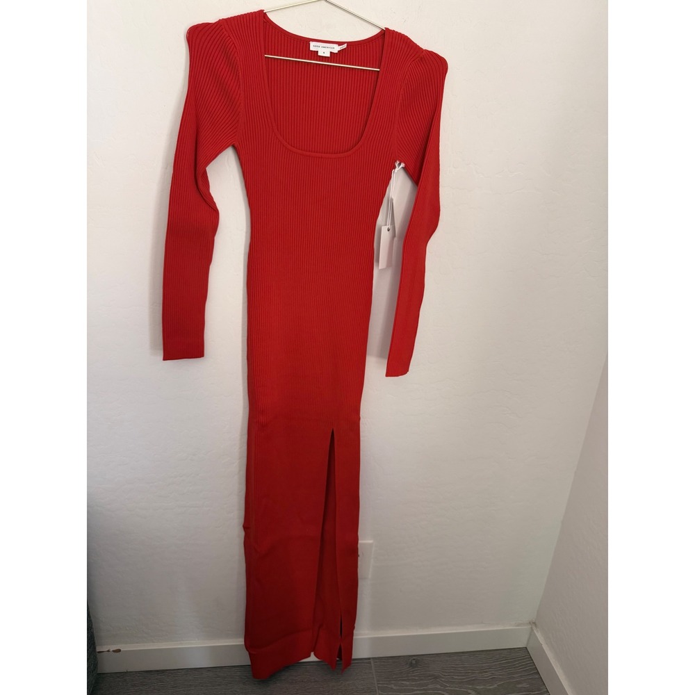 Good American Virgo Long Sleeve Rib Sweater Sculpting Dress Grenadine Red S NWT
